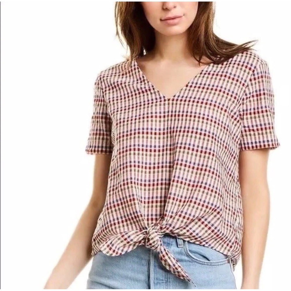 Madewell Tie Front Top Womens Small Multicolor Gingham Seersucker V-Neck Summer